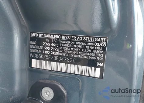 2003 Mercedes-Benz Sl 500 z USA, uszkodzony, nr VIN WDBSK75F73F047826